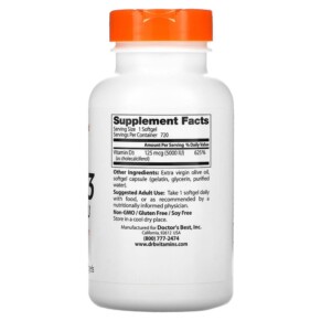 Thành phần vi chất của Doctor's Best Vitamin D3 125 mcg (5.000 IU) 720 Softgels 753950003637