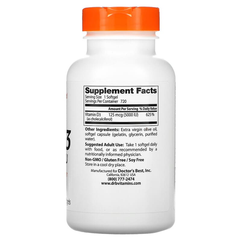 Doctor's Best Vitamin D3 125 mcg (5.000 IU) 720 Softgels 2 Thành phần vi chất của Doctor's Best Vitamin D3 125 mcg (5.000 IU) 720 Softgels 753950003637