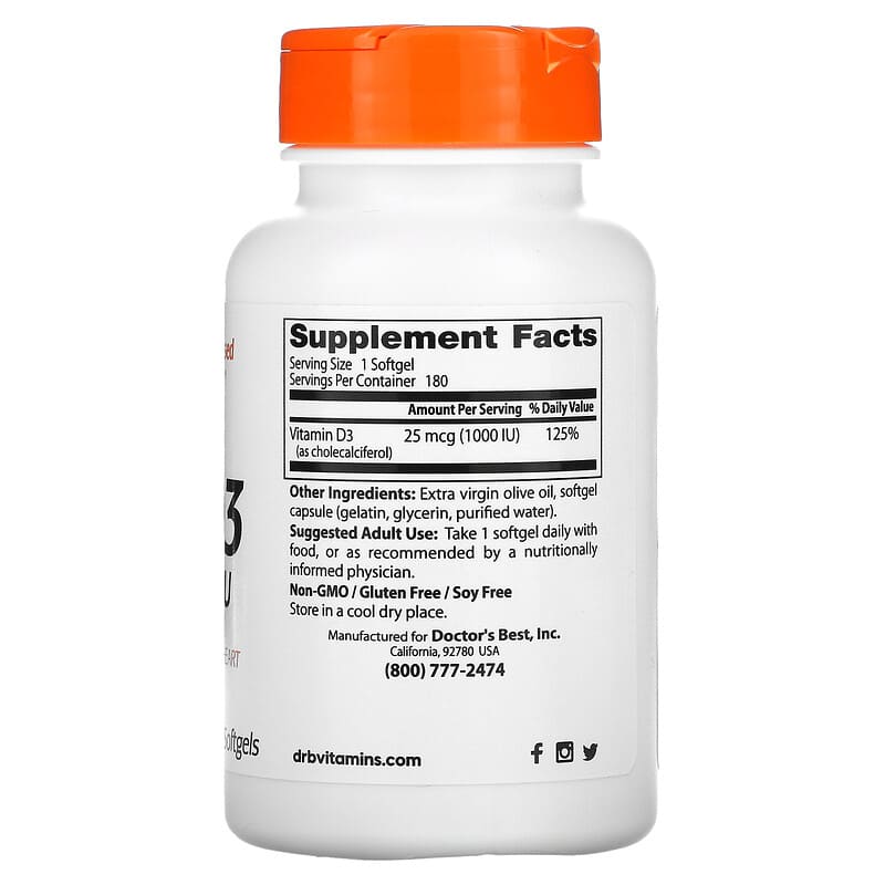 Doctor's Best Vitamin D3 25 mcg (1.000 IU) 180 Softgels 2 Thành phần vi chất của Doctor's Best Vitamin D3 25 mcg (1.000 IU) 180 Softgels 753950002098