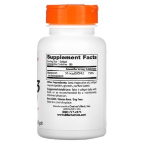 Thành phần vi chất của Doctor's Best Vitamin D3 50 mcg (2.000 IU) 180 Softgels 753950002104