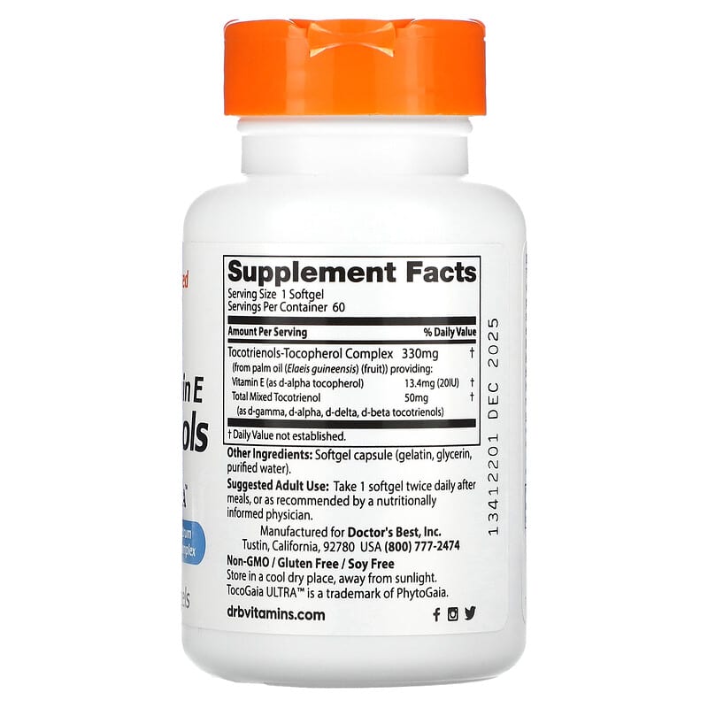 Doctor's Best Vitamin E Tocotrienols with TocoGaia Ultra 50 mg 60 Softgels 2 Thành phần vi chất của Doctor's Best Vitamin E Tocotrienols with TocoGaia Ultra 50 mg 60 Softgels 753950002166
