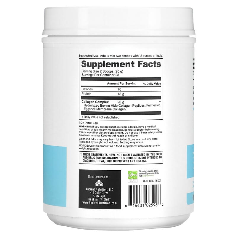 Dr. Axe / Ancient Nutrition Collagen Peptides Unflavored 19.8 oz (560 g) 2 Thành phần vi chất của Dr. Axe / Ancient Nutrition Collagen Peptides Unflavored 19.8 oz (560 g) 816401025982
