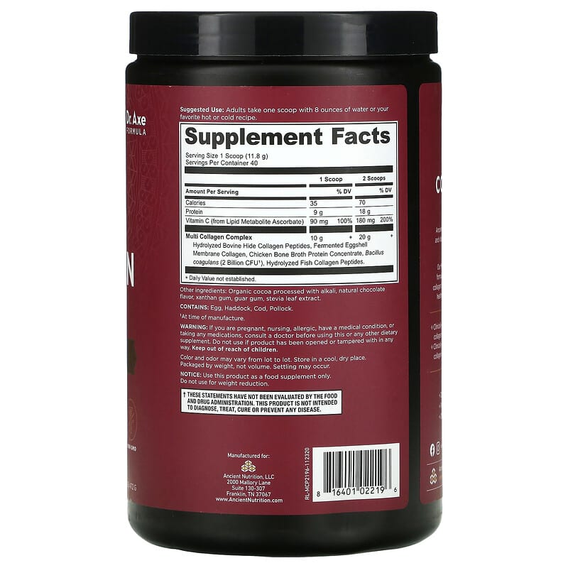Dr. Axe / Ancient Nutrition Multi Collagen Protein Chocolate 1.04 lb (472 g) 2 Thành phần vi chất của Dr. Axe / Ancient Nutrition Multi Collagen Protein Chocolate 1.04 lb (472 g) 816401022196