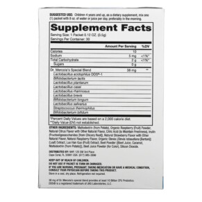 Thành phần vi chất của Dr. Mercola Complete Probiotics Powder Packets for Kids Natural Raspberry 10 Billion CFU 30 Packets 0.12 oz (3.5 g) Each 813006011983