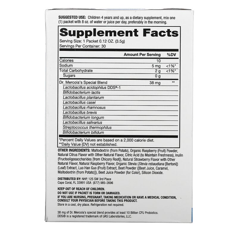 Dr. Mercola Complete Probiotics Powder Packets for Kids Natural Raspberry 10 Billion CFU 30 Packets 0.12 oz (3.5 g) Each 2 Thành phần vi chất của Dr. Mercola Complete Probiotics Powder Packets for Kids Natural Raspberry 10 Billion CFU 30 Packets 0.12 oz (3.5 g) Each 813006011983