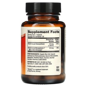 Thành phần vi chất của Dr. Mercola Vitamins D3 & K2 Low Dose 30 Capsules 810094210991