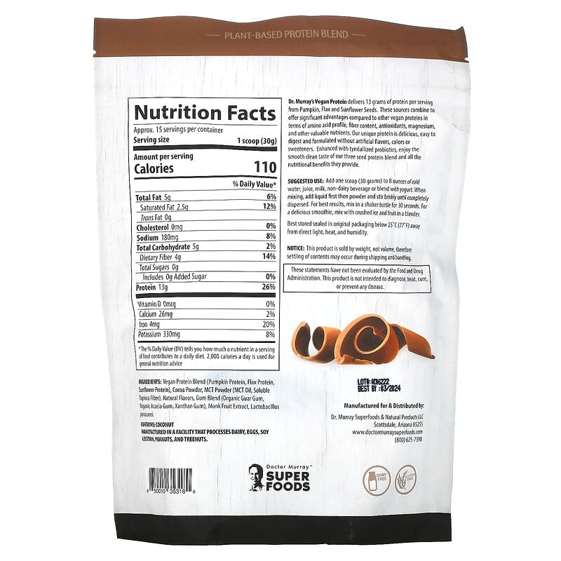 Dr. Murray's Super Foods 3 Seed (Pumpkin Flax Sunflower) Vegan Protein Powder Chocolate 16 oz (453.5 g) 2 Thành phần vi chất của Dr. Murray's Super Foods 3 Seed (Pumpkin Flax Sunflower) Vegan Protein Powder Chocolate 16 oz (453.5 g) 850010353180