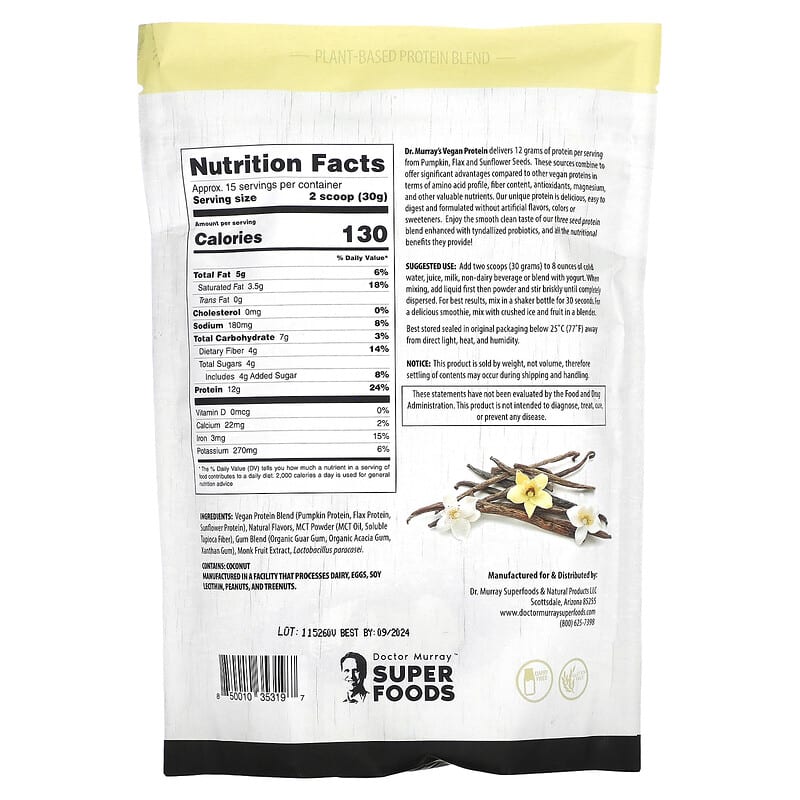 Dr. Murray's Super Foods 3 Seed (Pumpkin Flax Sunflower) Vegan Protein Powder Vanilla 16 oz (453.5 g) 2 Thành phần vi chất của Dr. Murray's Super Foods 3 Seed (Pumpkin Flax Sunflower) Vegan Protein Powder Vanilla 16 oz (453.5 g) 850010353197