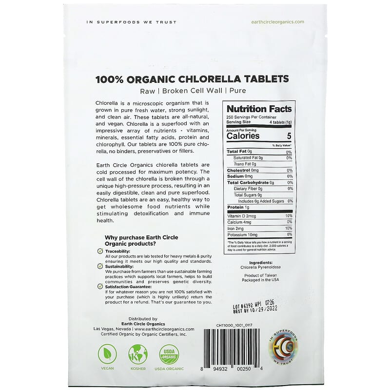 Earth Circle Organics 100% Organic Chlorella Tablets 1.000 Tablets 8.75 oz (248 g) 2 Thành phần vi chất của Earth Circle Organics 100% Organic Chlorella Tablets 1.000 Tablets 8.75 oz (248 g) 894932002504