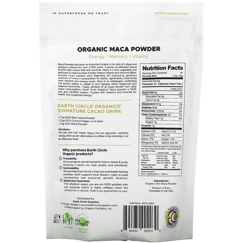 Earth Circle Organics Organic Maca Powder 16 oz (454 g) 2 Thành phần vi chất của Earth Circle Organics Organic Maca Powder 16 oz (454 g) 894932002030