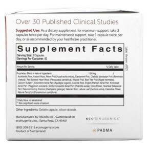 Thành phần vi chất của Econugenics Padma Basic 180 Capsules 049347019016