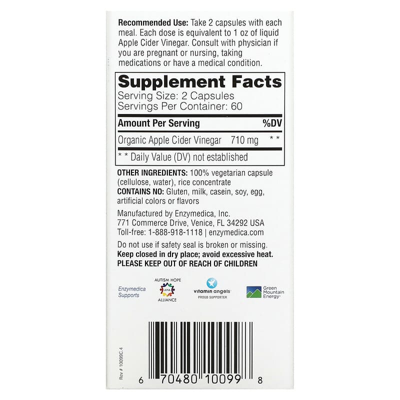 Enzymedica Apple Cider Vinegar with the Mother 120 Capsules 2 Thành phần vi chất của Enzymedica Apple Cider Vinegar with the Mother 120 Capsules 670480100998