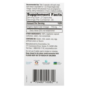 Thành phần vi chất của Enzymedica Apple Cider Vinegar with the Mother 60 Capsules 670480100820