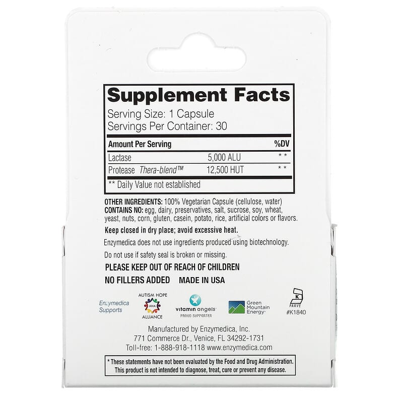 Enzymedica DairyAssist 30 Capsules 2 Thành phần vi chất của Enzymedica DairyAssist 30 Capsules 670480140505