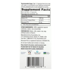 Thành phần vi chất của Enzymedica Fast-Acting Betaine HCI 60 Capsules 670480100783