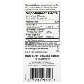 Thành phần vi chất của Enzymedica Lypo Gold For Fat Digestion 60 Capsules 670480981306