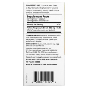 Thành phần vi chất của Enzymedica Magnesium Motion 60 Capsules 670480101254