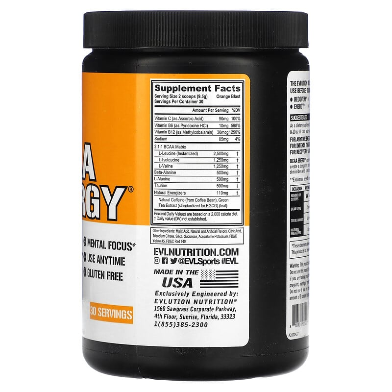 EVLution Nutrition BCAA ENERGY Orange Blast 10.1 oz (285 g) 2 Thành phần vi chất của EVLution Nutrition BCAA ENERGY Orange Blast 10.1 oz (285 g) 818901025127