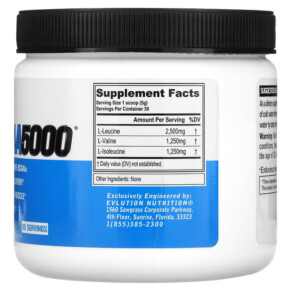 Thành phần vi chất của EVLution Nutrition BCAA5000 Unflavored 5.000 mg 5.3 oz (150 g) 818901028159