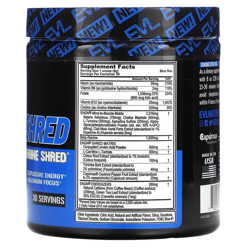 EVLution Nutrition ENGN Shred Pre-Workout Engine Shred Blue Raz 8.1 oz (231 g) 2 Thành phần vi chất của EVLution Nutrition ENGN Shred Pre-Workout Engine Shred Blue Raz 8.1 oz (231 g) 710051864123