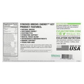 Thành phần vi chất của EVLution Nutrition Stacked Greens Energy Sample Pack Orchard Apple 3 Stickpacks 0.2 oz (6.9 g) Each 818901028388