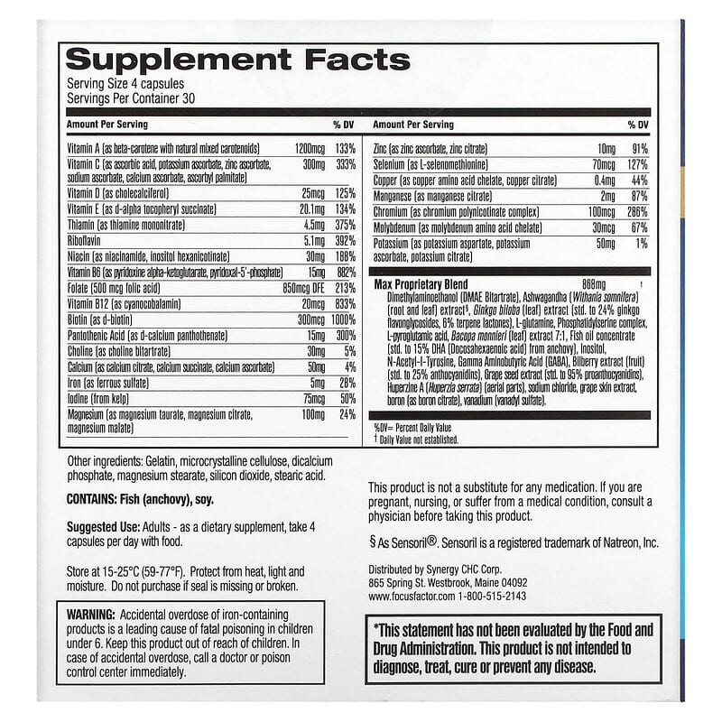 Focus Factor Max Strength 120 Capsules 2 Thành phần vi chất của Focus Factor Max Strength 120 Capsules 811909033675