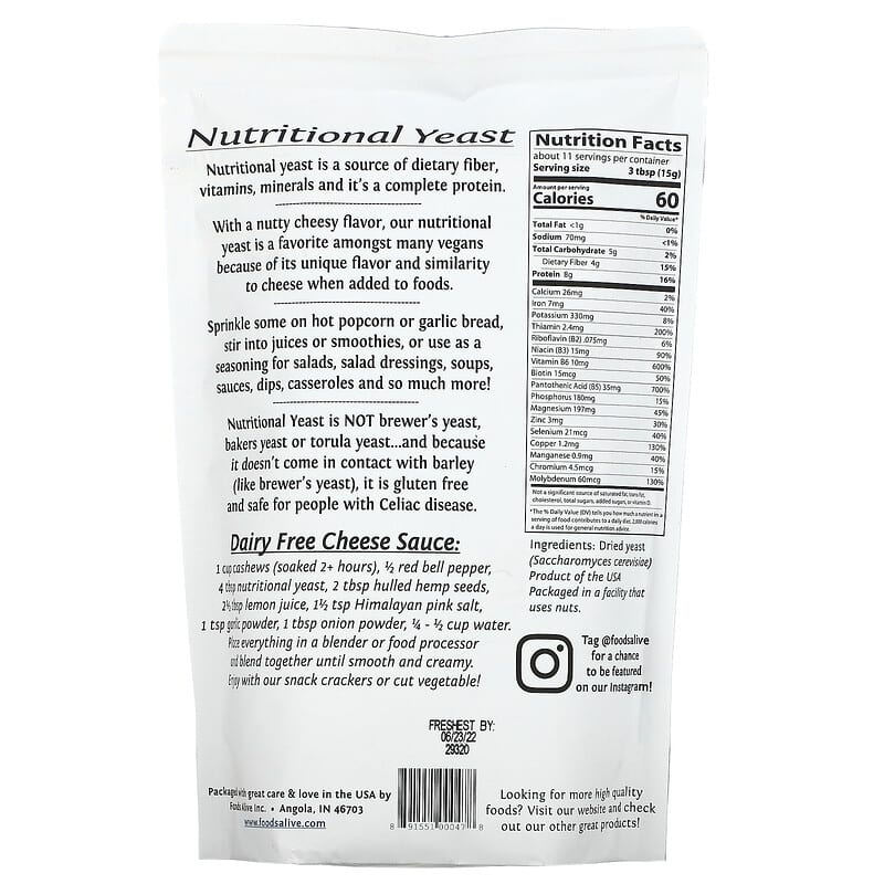 Foods Alive Superfood Non-Fortified Nutritional Yeast 6 oz (170 g) 2 Thành phần vi chất của Foods Alive Superfood Non-Fortified Nutritional Yeast 6 oz (170 g) 891551000478