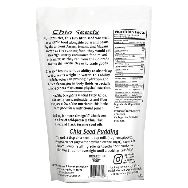 Foods Alive Superfood Organic Chia Seed 16 oz (454 g) 2 Thành phần vi chất của Foods Alive Superfood Organic Chia Seed 16 oz (454 g) 891551000676