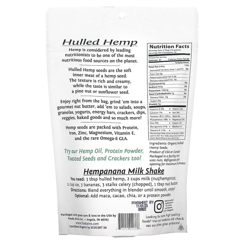 Foods Alive Superfood Organic Hulled Hemp Seeds 8 oz (227 g) 2 Thành phần vi chất của Foods Alive Superfood Organic Hulled Hemp Seeds 8 oz (227 g) 891551000386