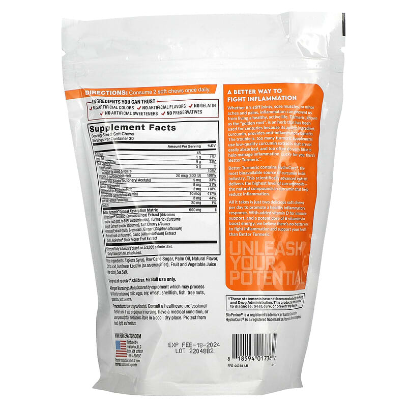 Force Factor Better Turmeric Extra Strength Curcumin Fruit Splash 60 Soft Chews 2 Thành phần vi chất của Force Factor Better Turmeric Extra Strength Curcumin Fruit Splash 60 Soft Chews 818594017362