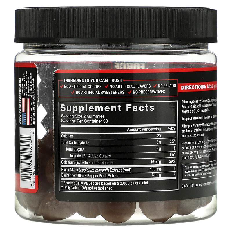 Force Factor Fundamentals Black Maca Passion Berry 60 Gummies 2 Thành phần vi chất của Force Factor Fundamentals Black Maca Passion Berry 60 Gummies 818594016945