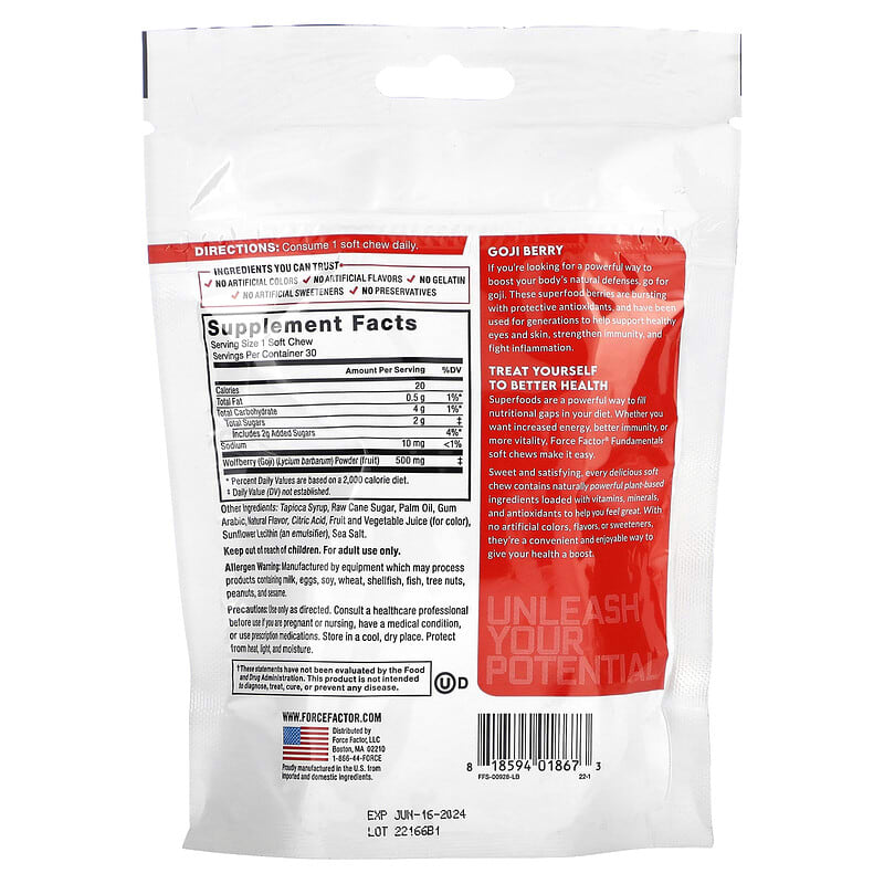 Force Factor Fundamentals Goji Berry 30 Soft Chews 2 Thành phần vi chất của Force Factor Fundamentals Goji Berry 30 Soft Chews 818594018673