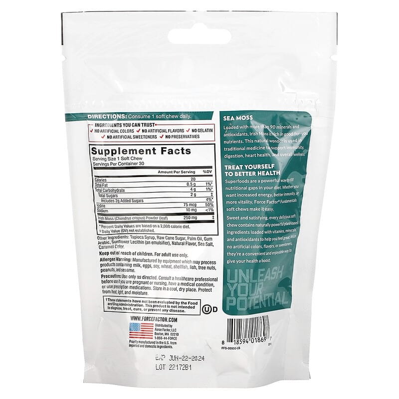 Force Factor Fundamentals Sea Moss Salted Caramel 30 Soft Chews 2 Thành phần vi chất của Force Factor Fundamentals Sea Moss Salted Caramel 30 Soft Chews 818594018697
