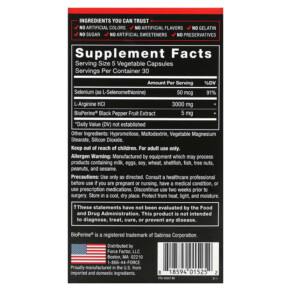 Thành phần vi chất của Force Factor L-Arginine 600 mg 150 Capsules 818594015252