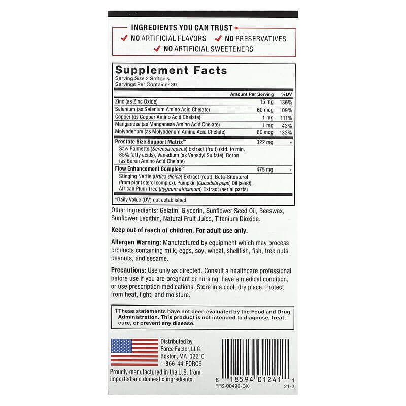 Force Factor Prostate Natural Prostate Health Solution 60 Easy-To-Swallow Softgels 2 Thành phần vi chất của Force Factor Prostate Natural Prostate Health Solution 60 Easy-To-Swallow Softgels 818594012411