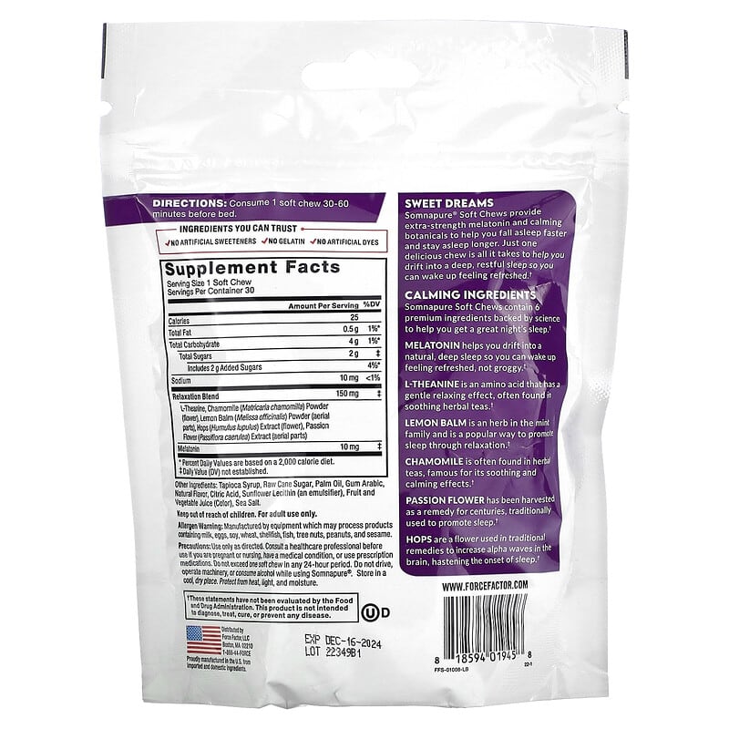Force Factor Somnapure Melatonin + Calming Botanicals Dream Berry 30 Soft Chews 2 Thành phần vi chất của Force Factor Somnapure Melatonin + Calming Botanicals Dream Berry 30 Soft Chews 818594019458