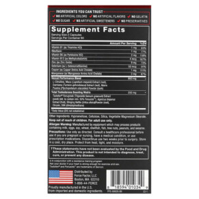 Thành phần vi chất của Force Factor Test X180 Alpha Testosterone Booster 120 Capsules 818594010349