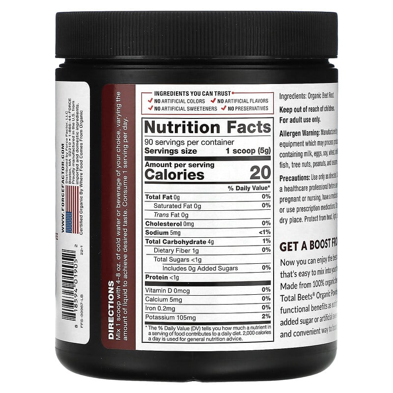 Force Factor Total Beets Organic Beetroot Powder 15.9 oz (450 g) 2 Thành phần vi chất của Force Factor Total Beets Organic Beetroot Powder 15.9 oz (450 g) 818594019052