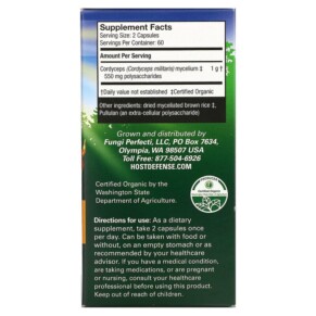 Thành phần vi chất của Fungi Perfecti Host Defense Cordyceps Energy Support 120 Vegetarian Capsules 633422031033