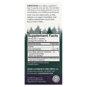 Thành phần vi chất của Fungi Perfecti Host Defense Host Defense Mushrooms Lion's Mane Memory & Nerve Support 60 Capsules 633422031620