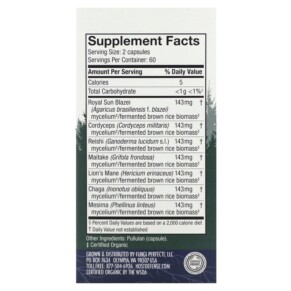 Thành phần vi chất của Fungi Perfecti Host Defense Host Defense Mushrooms Stamets 7 Daily Immune Support 120 Capsules 633422037035