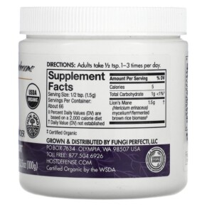 Thành phần vi chất của Fungi Perfecti Host Defense Lion's Mane Mushroom Mycelium Powder Memory & Nerve Support 3.5 oz (100 g) 633422306964