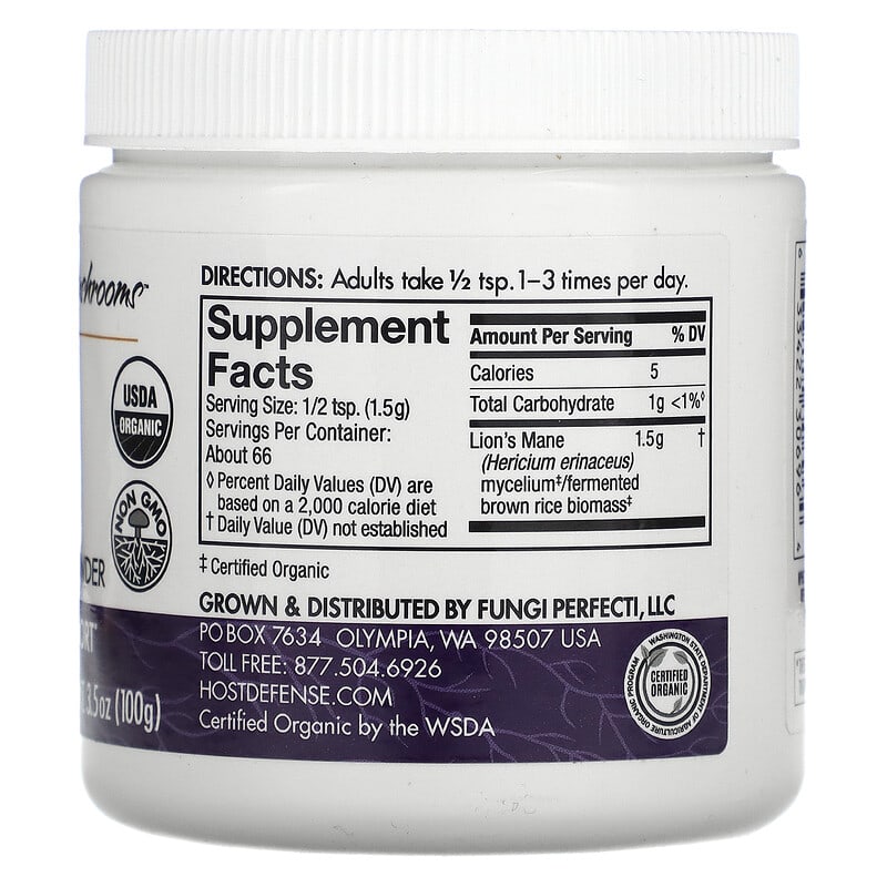 Fungi Perfecti Host Defense Lion's Mane Mushroom Mycelium Powder Memory & Nerve Support 3.5 oz (100 g) 2 Thành phần vi chất của Fungi Perfecti Host Defense Lion's Mane Mushroom Mycelium Powder Memory & Nerve Support 3.5 oz (100 g) 633422306964