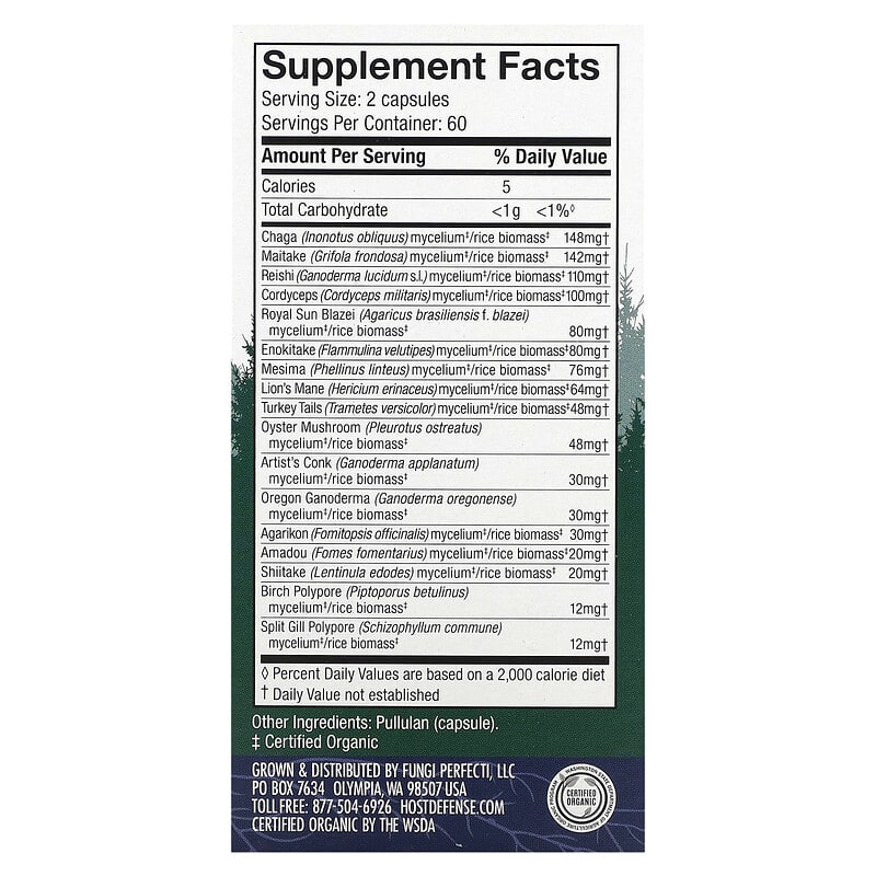 Fungi Perfecti Host Defense MyCommunity A 17 Species Multi Mushroom Complex 120 Vegetarian Capsules 2 Thành phần vi chất của Fungi Perfecti Host Defense MyCommunity A 17 Species Multi Mushroom Complex 120 Vegetarian Capsules 633422038131