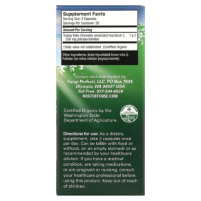 Thành phần vi chất của Fungi Perfecti Host Defense Turkey Tail 60 Vegetarian Capsules 633422027326