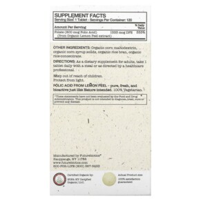 Thành phần vi chất của Futurebiotics Folic Acid From Lemon Peel 800 mcg 120 Organic Vegetarian Tablets 049479035182