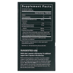 Thành phần vi chất của Gaia Herbs Adrenal Health Daily Support 60 Vegan Liquid Phyto-Caps 751063403009