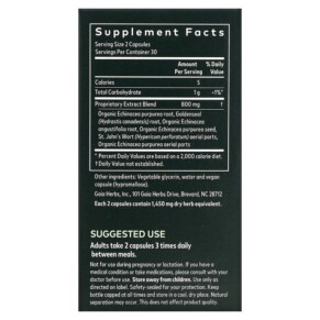 Thành phần vi chất của Gaia Herbs Echinacea Goldenseal 60 Vegan Liquid Phyto-Caps 751063398305
