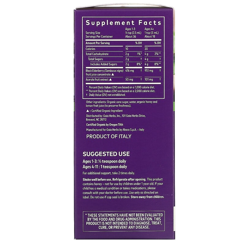 Gaia Herbs Kids Black Elderberry Syrup 3 fl oz (89 ml) 2 Thành phần vi chất của Gaia Herbs Kids Black Elderberry Syrup 3 fl oz (89 ml) 751063145701