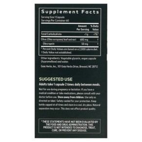 Thành phần vi chất của Gaia Herbs Olive Leaf 60 Vegan Liquid Phyto-Caps 751063399401